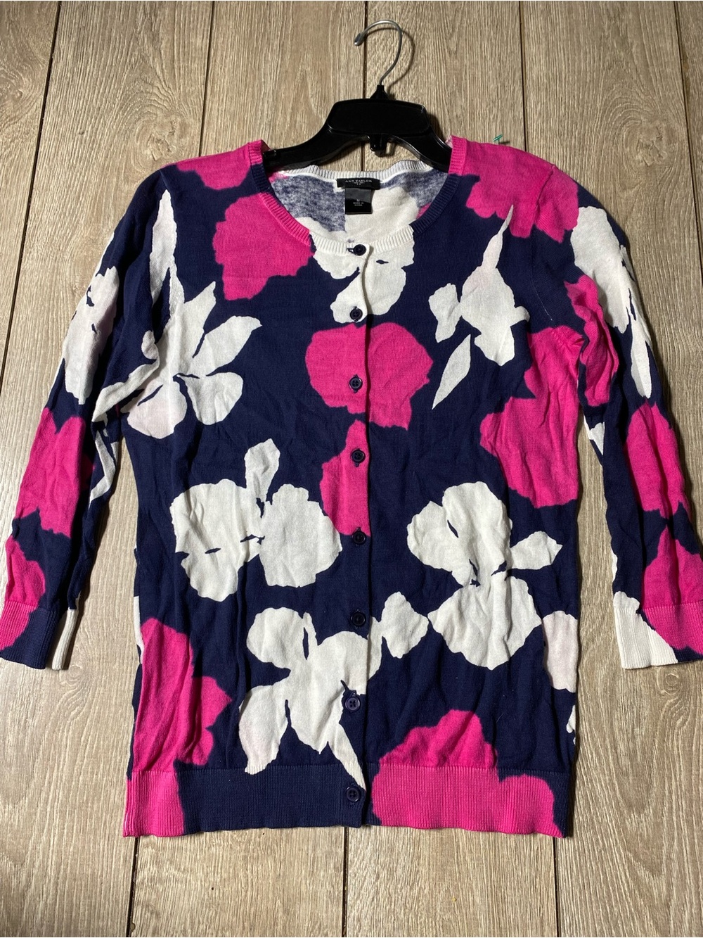 Ann Taylor Floral Button Front Cardigan Sweater Navy Pink White Size Medium